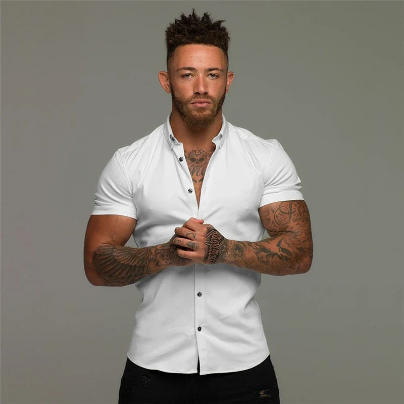 Men's Fashion Dress Shirt Summer Classic Slim Fit Button Short Sleeve Shirts