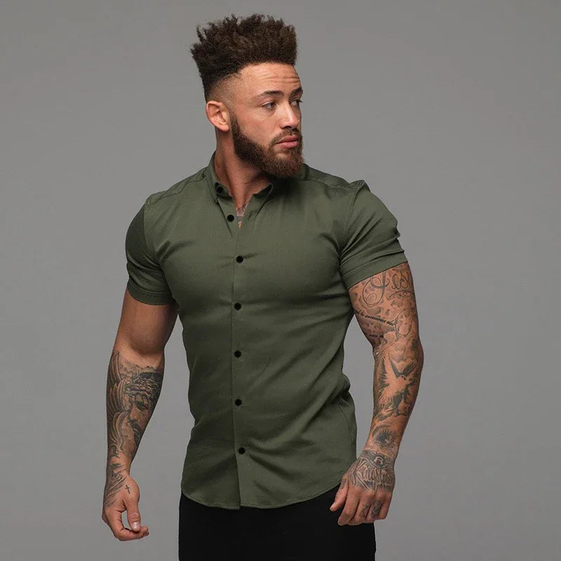 Men's Fashion Dress Shirt Summer Classic Slim Fit Button Short Sleeve Shirts