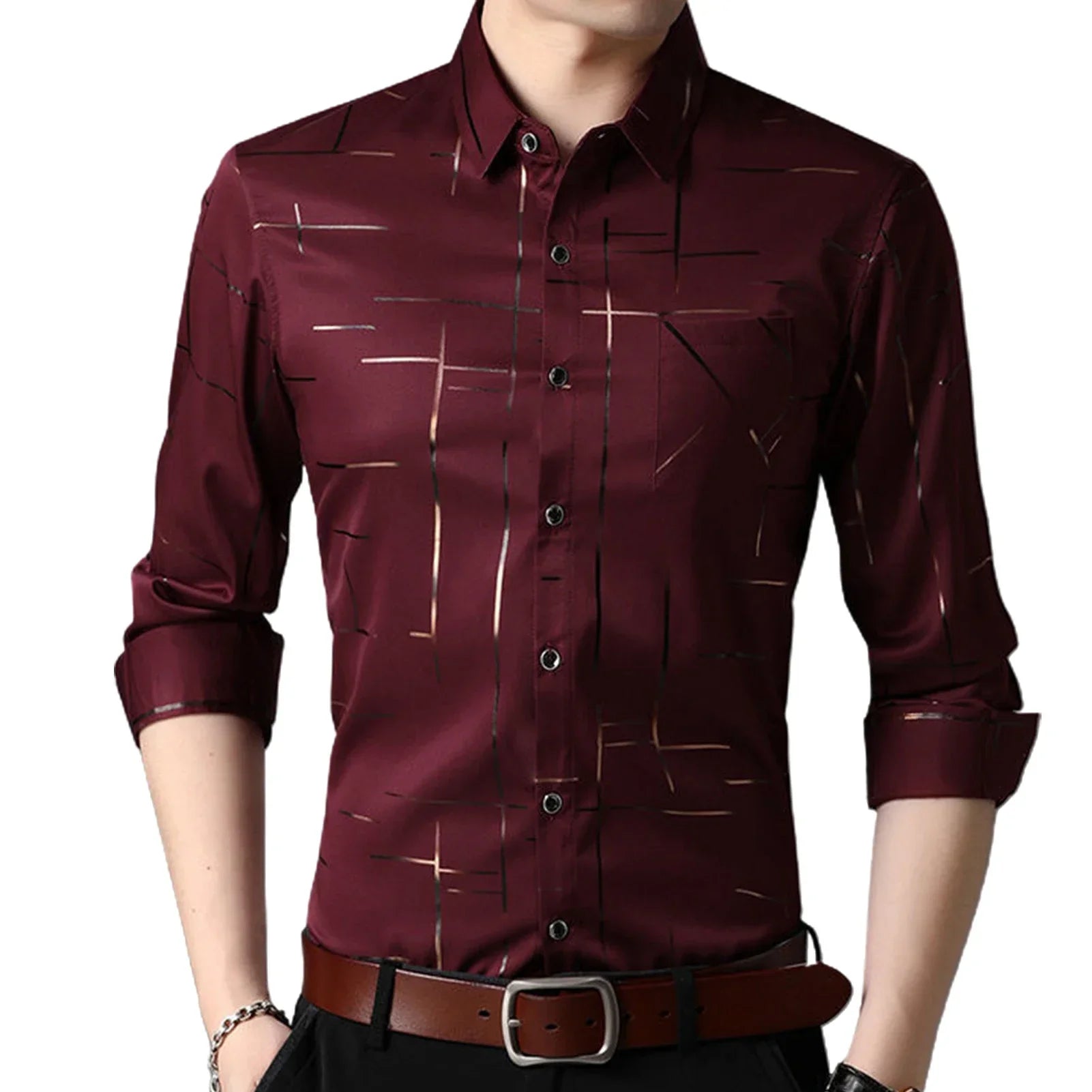 Men Shirt Plaid Print Turn down Collar Single breasted Formal Dress Shirt