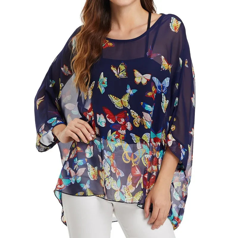 Women chiffon Blouse half Sleeve Beach shirt O-neck Loose summer floral print Casual Bohemian Boho Top