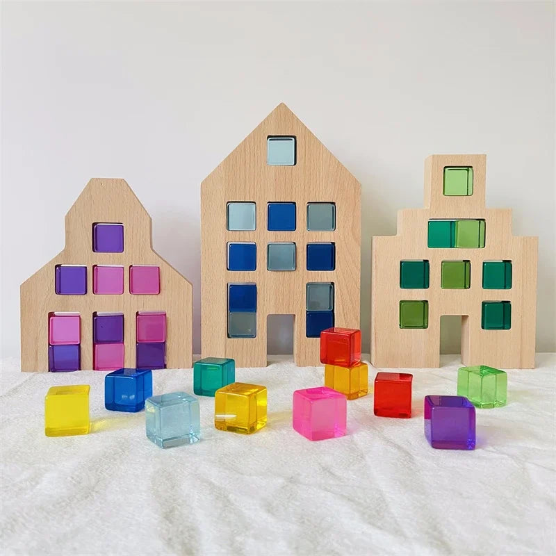 Dutch Wood Houses Lucite Cubes Blocks Rainbow Acrylic Building Blocks