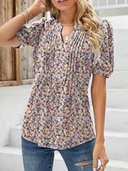 Womens Tunic Tops V Neck Shirts Short Sleeve Summer Puff Pleated Casual Blouses