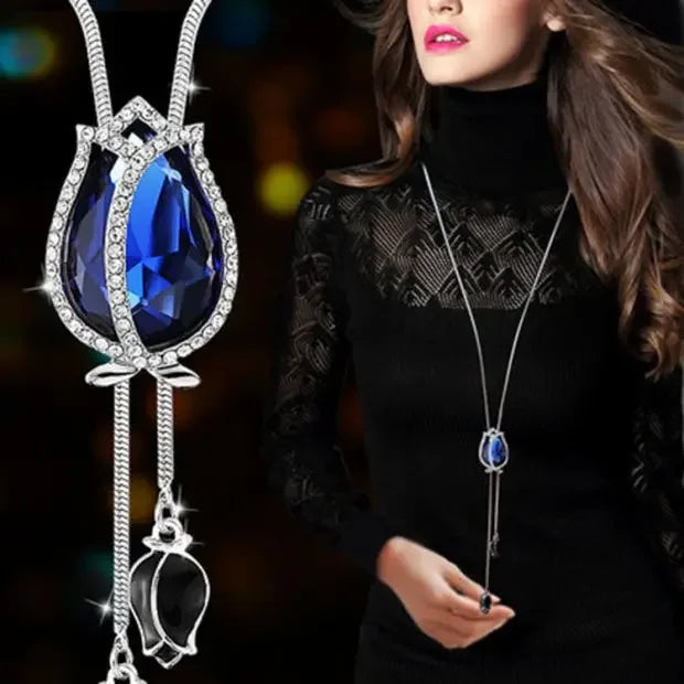 Snowflake Zircon Long Chain for Women Fashion Silver Color Crystal Maxi Necklaces & Pendants