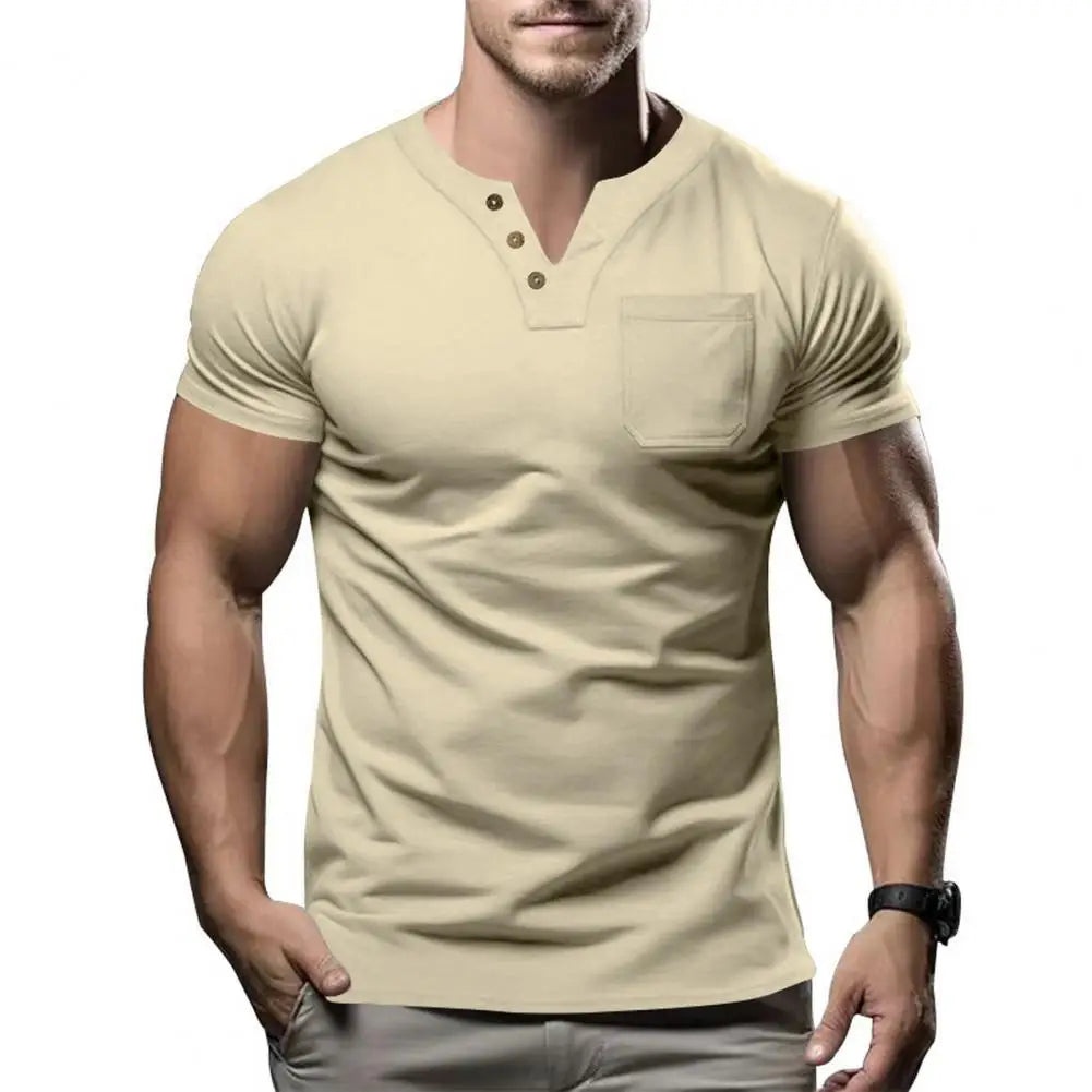 Buttoned Men Shirt Men's Slim Fit V Neck Pullover with Chest Pocket for Sport Business Wear