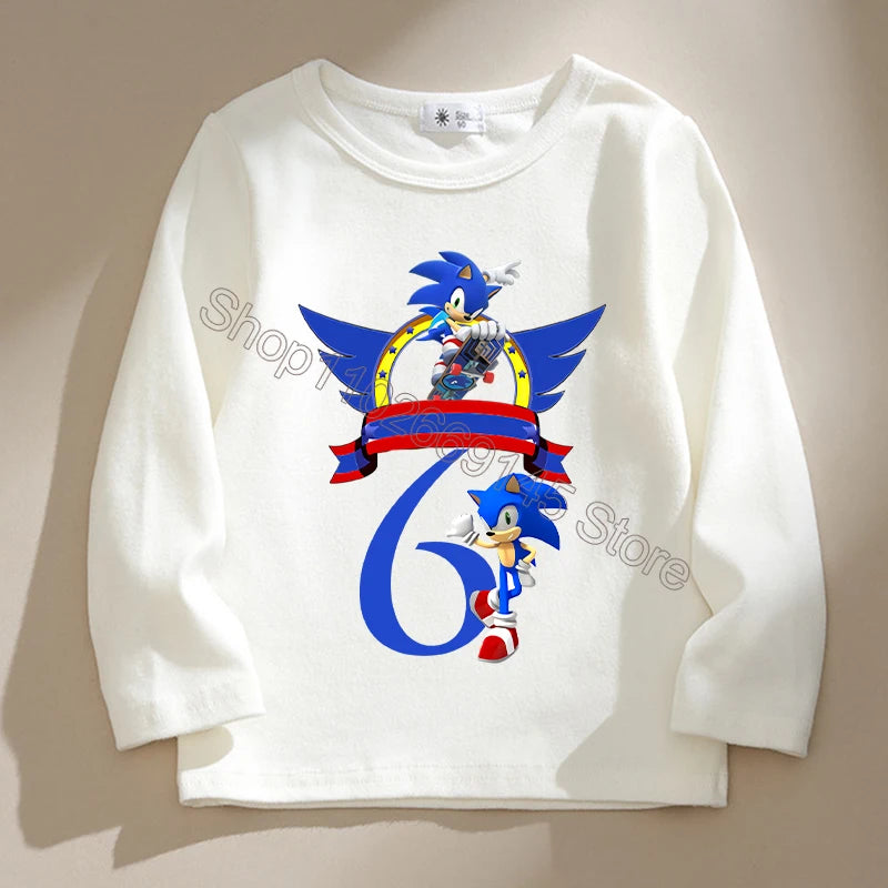 New Sonics Kids T-shirts Cartoon Birthday Number Printed Tops Boys Casual Long Sleeves T-shirt Winter Autumn Children Clothing