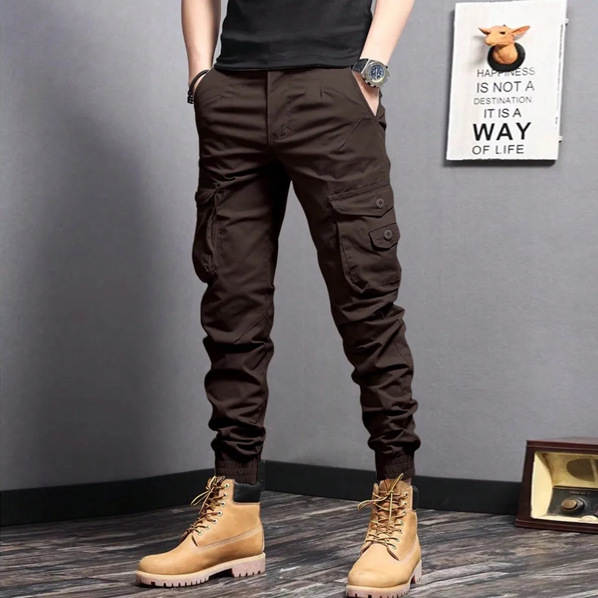 Casual Side Flap Pockets Workwear Tapered Pants, Men's Cargo Pants For Spring Fall Outdoor