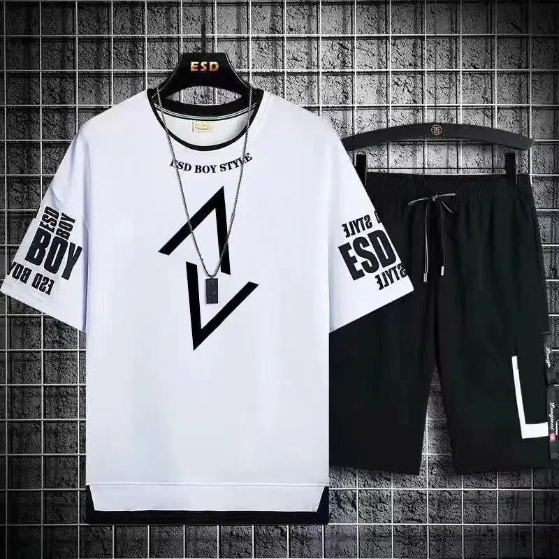 Mens Summer Short Sets Graphics T-shirt+Shorts Two Piece Set