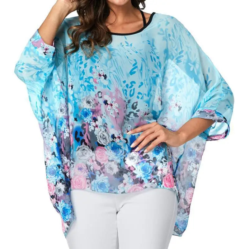 Women chiffon Blouse half Sleeve Beach shirt O-neck Loose summer floral print Casual Bohemian Boho Top