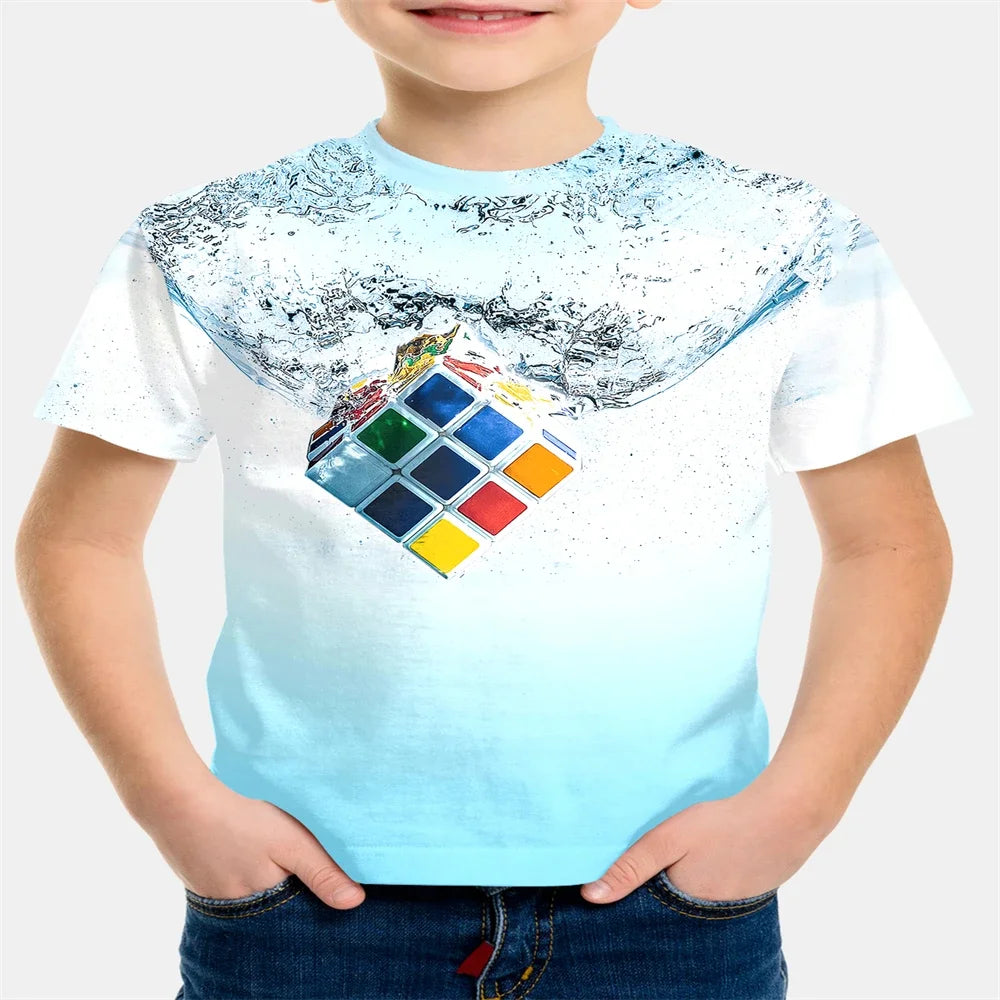 Childs T-Shirts 3D Print T-Shirt Fashion Rubik’s Cube Pattern Tshirt Summer Boys Girls Tee Top Streetwear Top Children Clothing