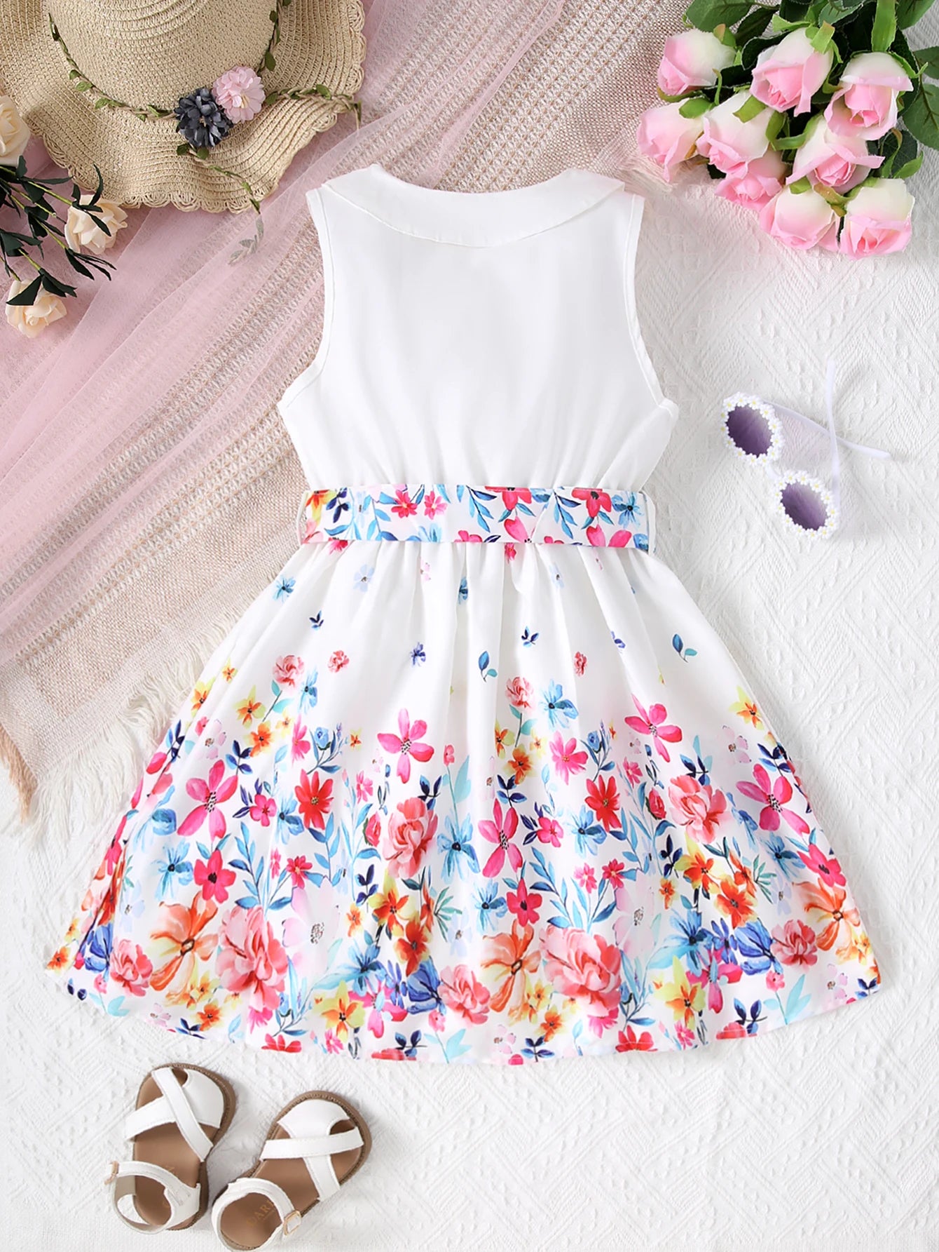 Girl's Sleeveless Lapel Button Flower Print Casual Sports Vacation Style Dress With Belt Included