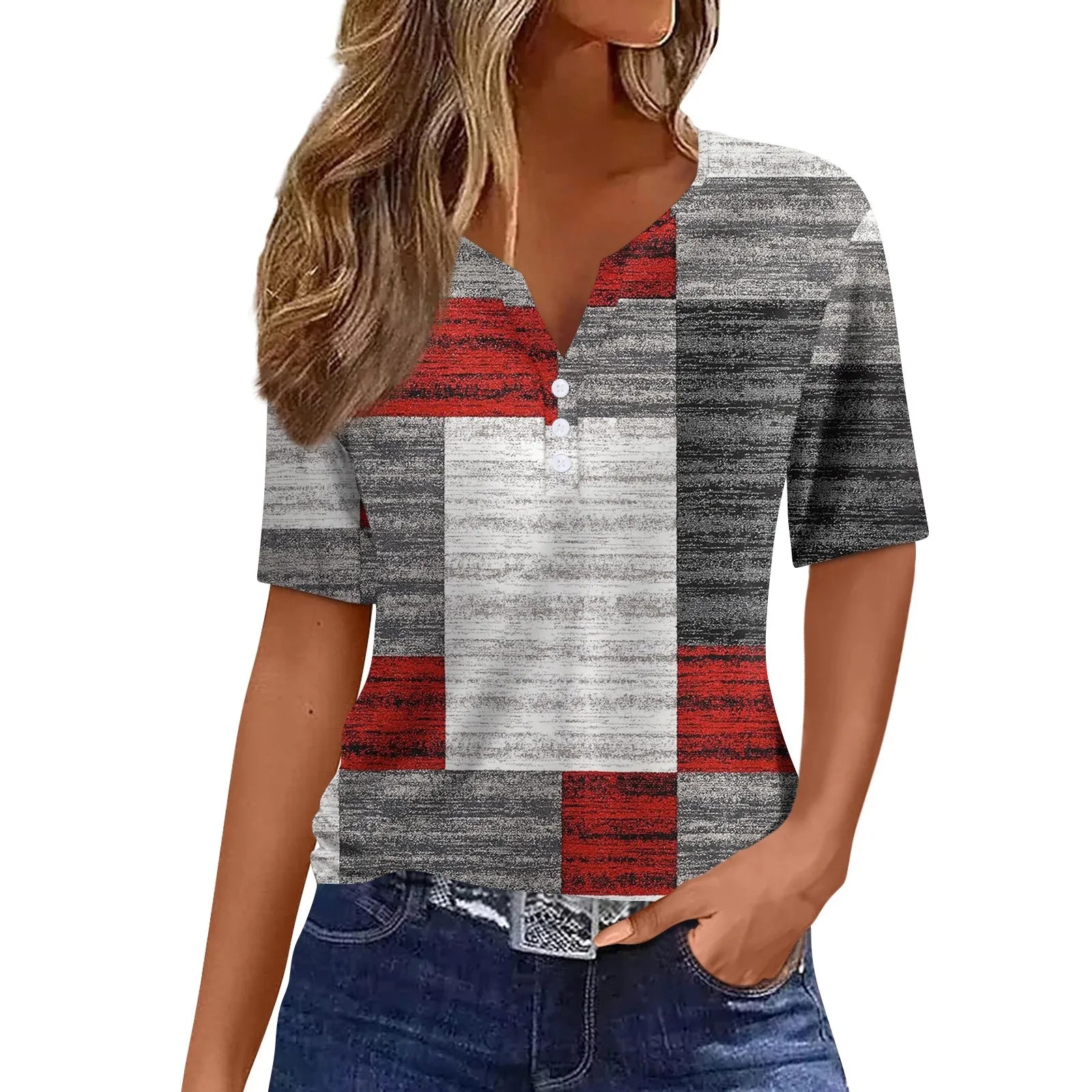 Women's Fashion Casual Geometric Printed T-Shirt V-Neck Short Sleeve Button Top Tops for Women Womens Tops and Blouses 2024