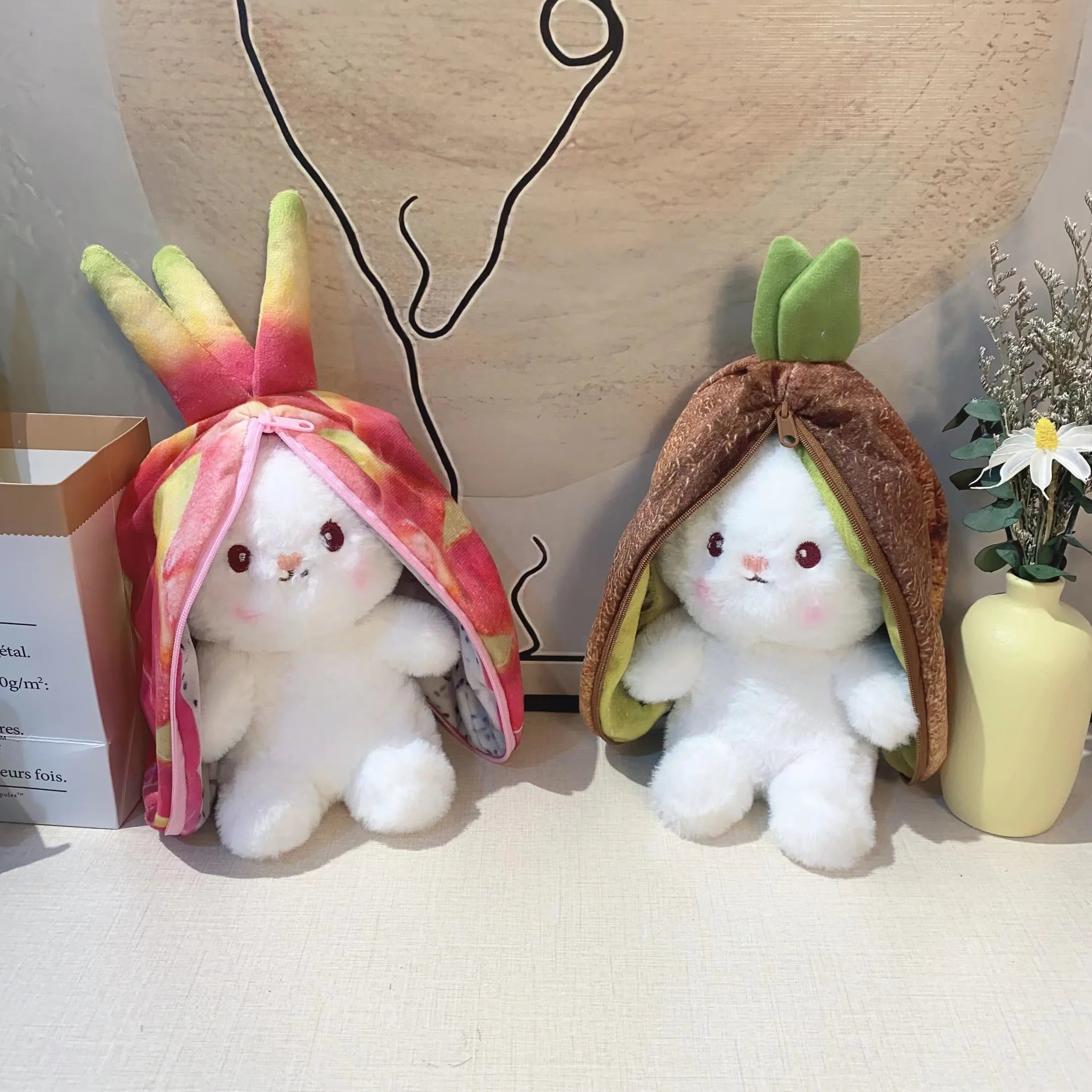 18cm Creative Funny Doll Carrot Rabbit Plush Toy Stuffed Soft Bunny Hiding in Watermelon Pitaya Fruit Bag