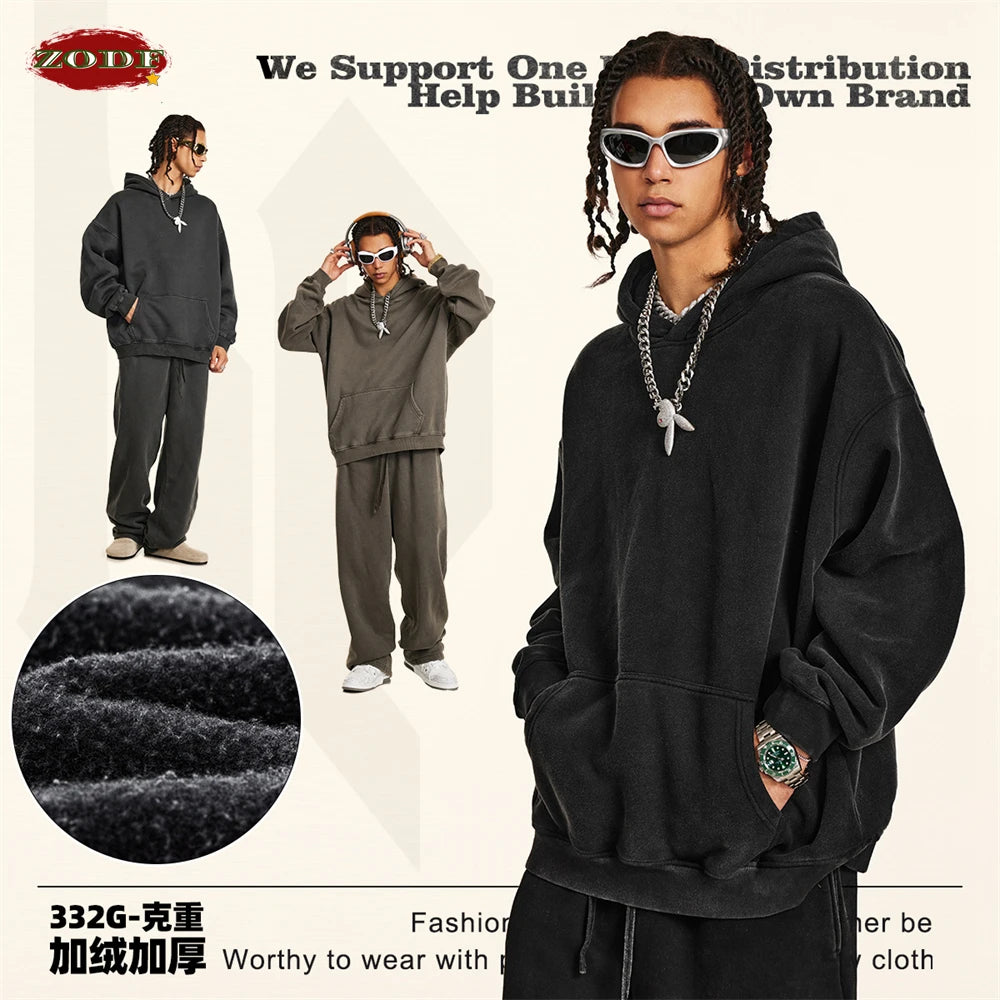 ZODF 2024 Winter Men's Washed Fleece Hoodies Unisex Women Retro Loose Warm 332gsm Hooded Pullovers Sweatshirts HY0870