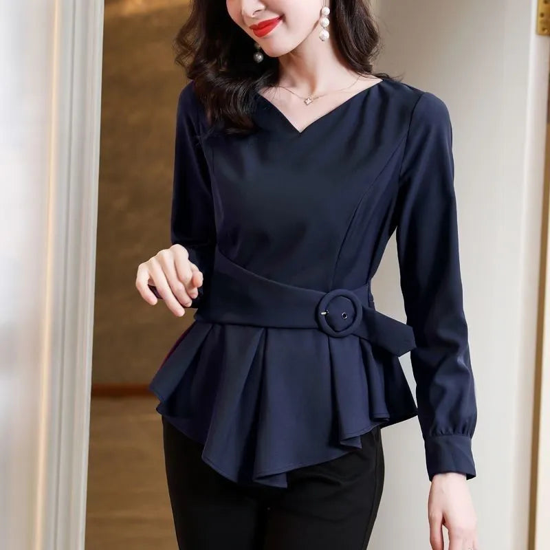 Women's Irregular Hem Elegant V-Neck Solid Color Shirt