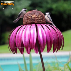 Bird Feeder Bottle with Stand Metal Flower Shaped Outdoor Garden Decoration Pink Coneflower Bird Feeder