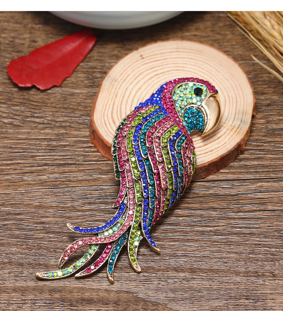 Retro Colored Rhinestone Parrot Brooch Animal Brooches Pin for Women Girls Clothing Accessories