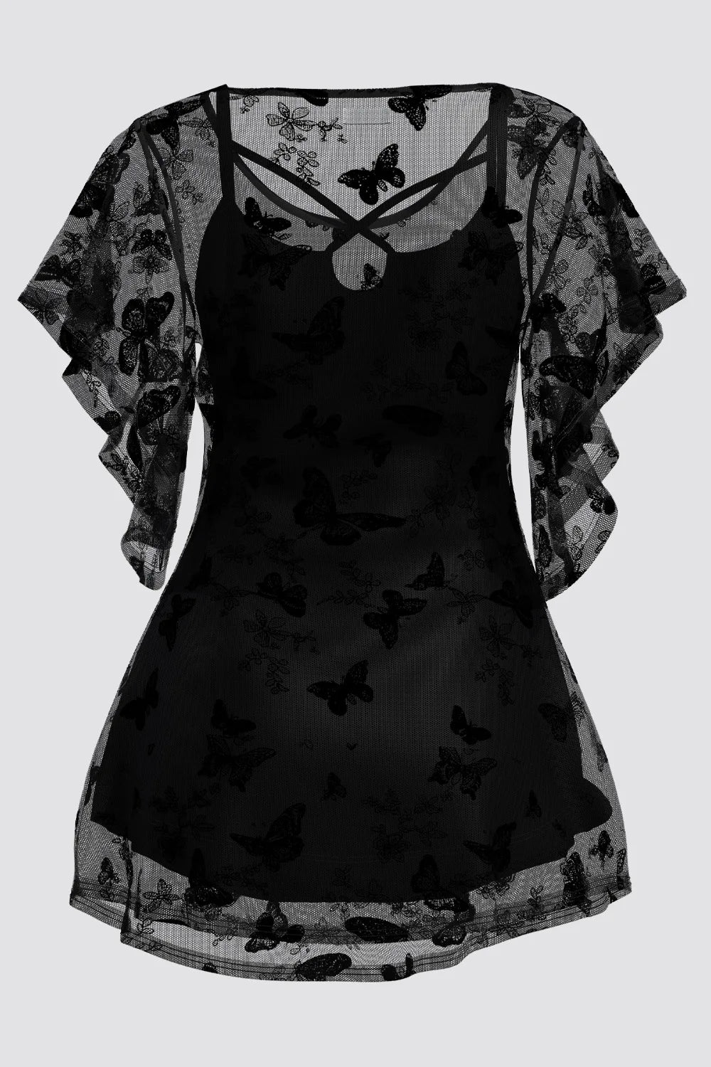 Plus Size Casual Black Lace Butterfly Double Layer Two Pieces T Shirts Ruffle Sleeve Vintage Elegant V-Neck Transparent Tee Top