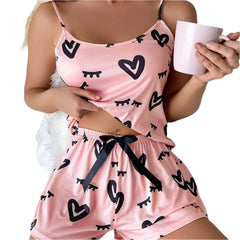 Printed Pajama Set Women'S 2 Pieces Sleepwear Pyjamas Silk Satin Cami Top And Shorts Pajamas