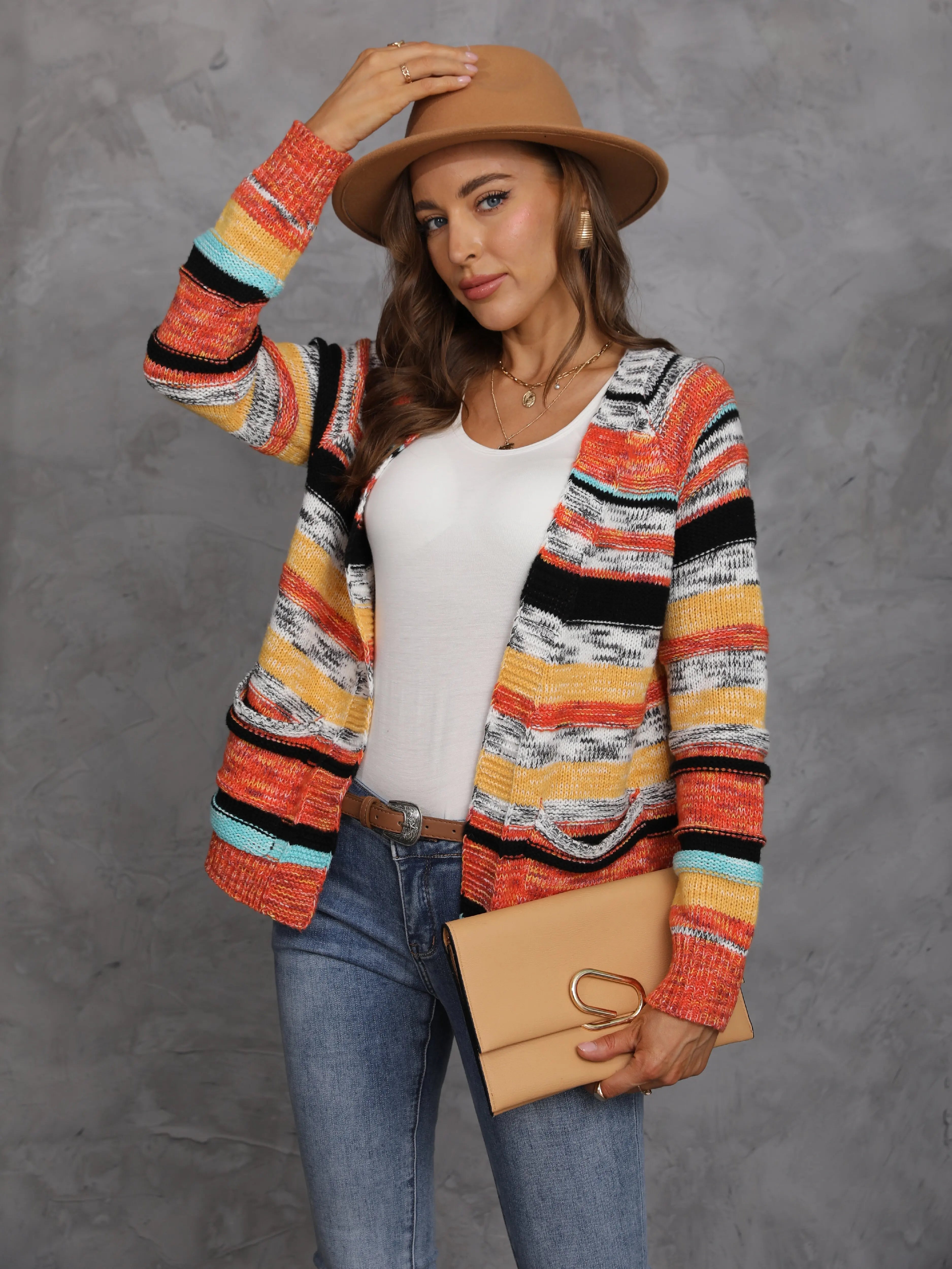 Women's Rainbow Stripes Sweater Knitted Cardigan Korean Casual Coat