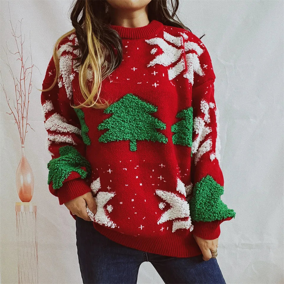 OMCHION Green Christmas Sweater 2023 Fashion Tree Embroidery Knitted Pullover Casual Loose Retro Sweater For Female Knitwear