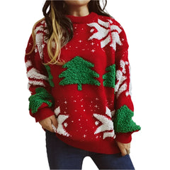 OMCHION Green Christmas Sweater 2023 Fashion Tree Embroidery Knitted Pullover Casual Loose Retro Sweater For Female Knitwear