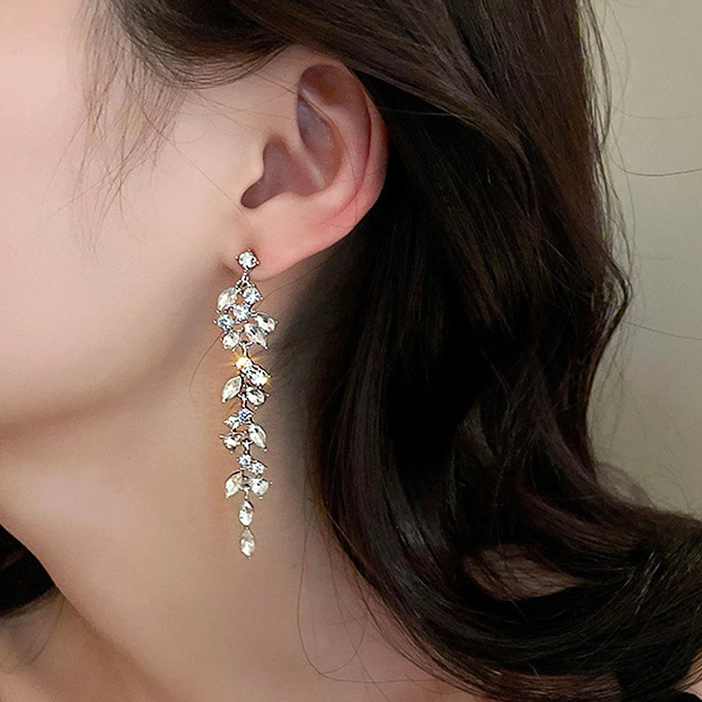 Shiny Crystal Zircon Long Stud Earrings for Women Geometric Hanging Drop Tassel Earring