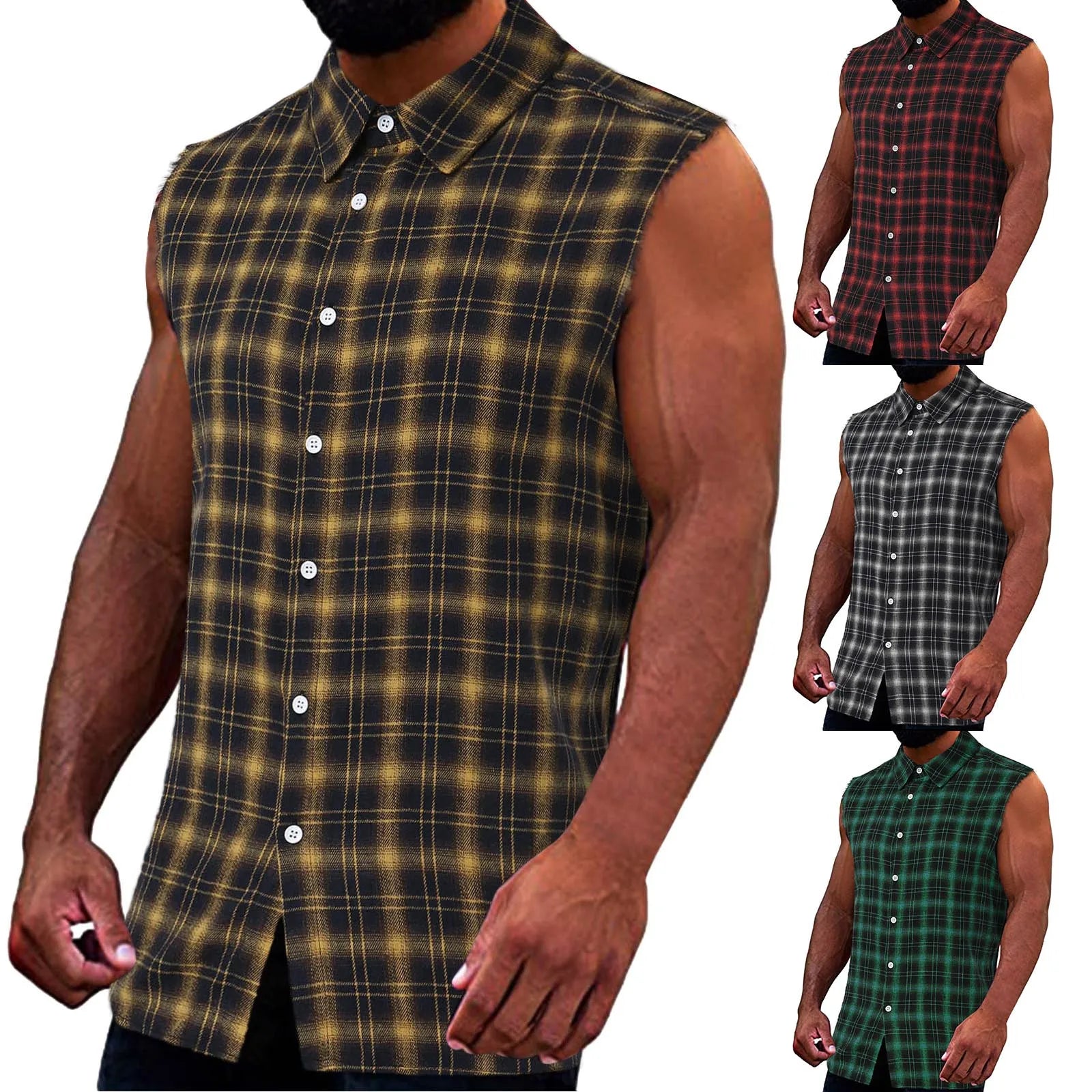 Summer Top Shirt Men Tank Top Sleeveless Plaid Shirts