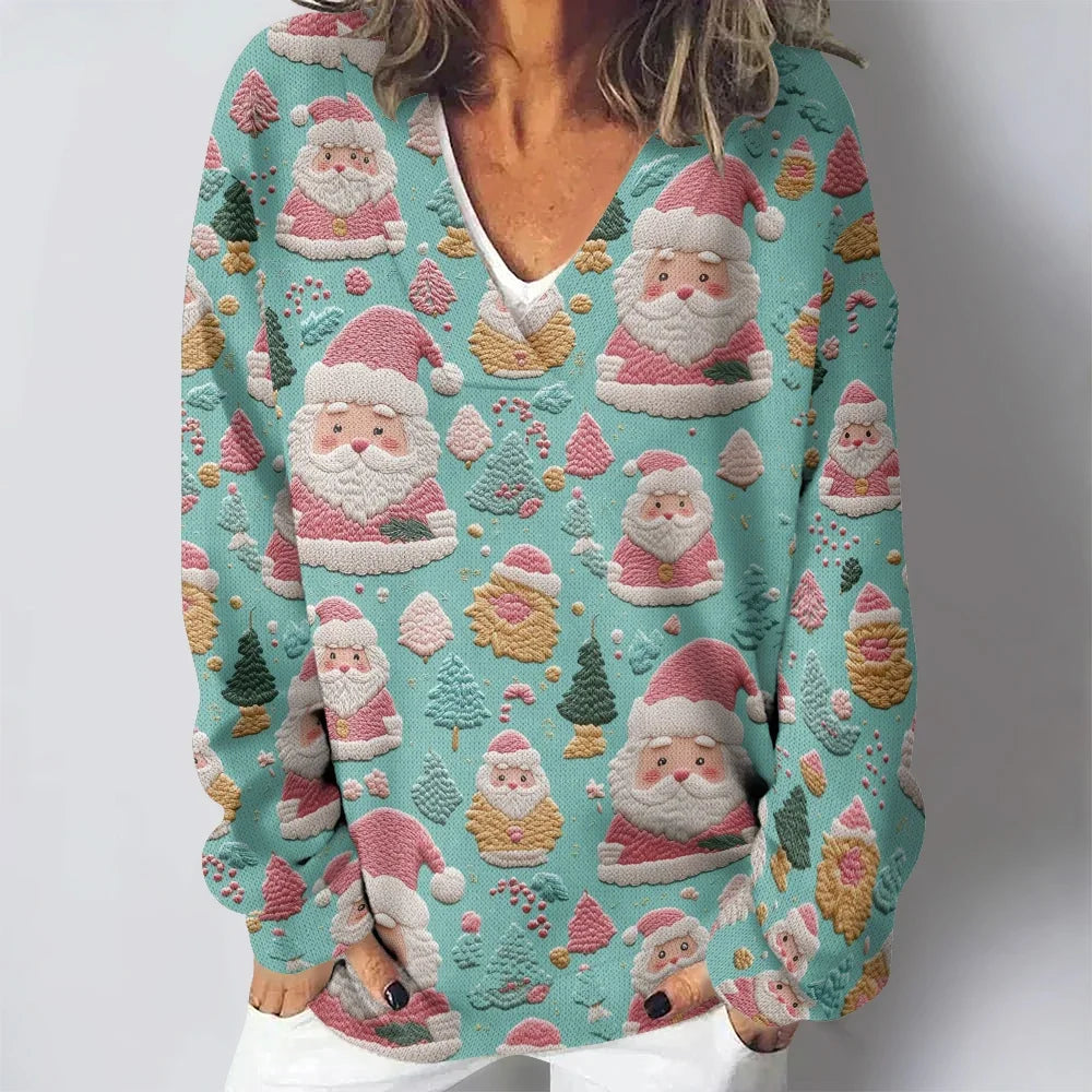 Naughty Santa Claus Print V-neck Casual Sweatshirt Kawaii Winter Classic Hoodie Harajuku Funny Pullovers Women Solf Cozy Tops