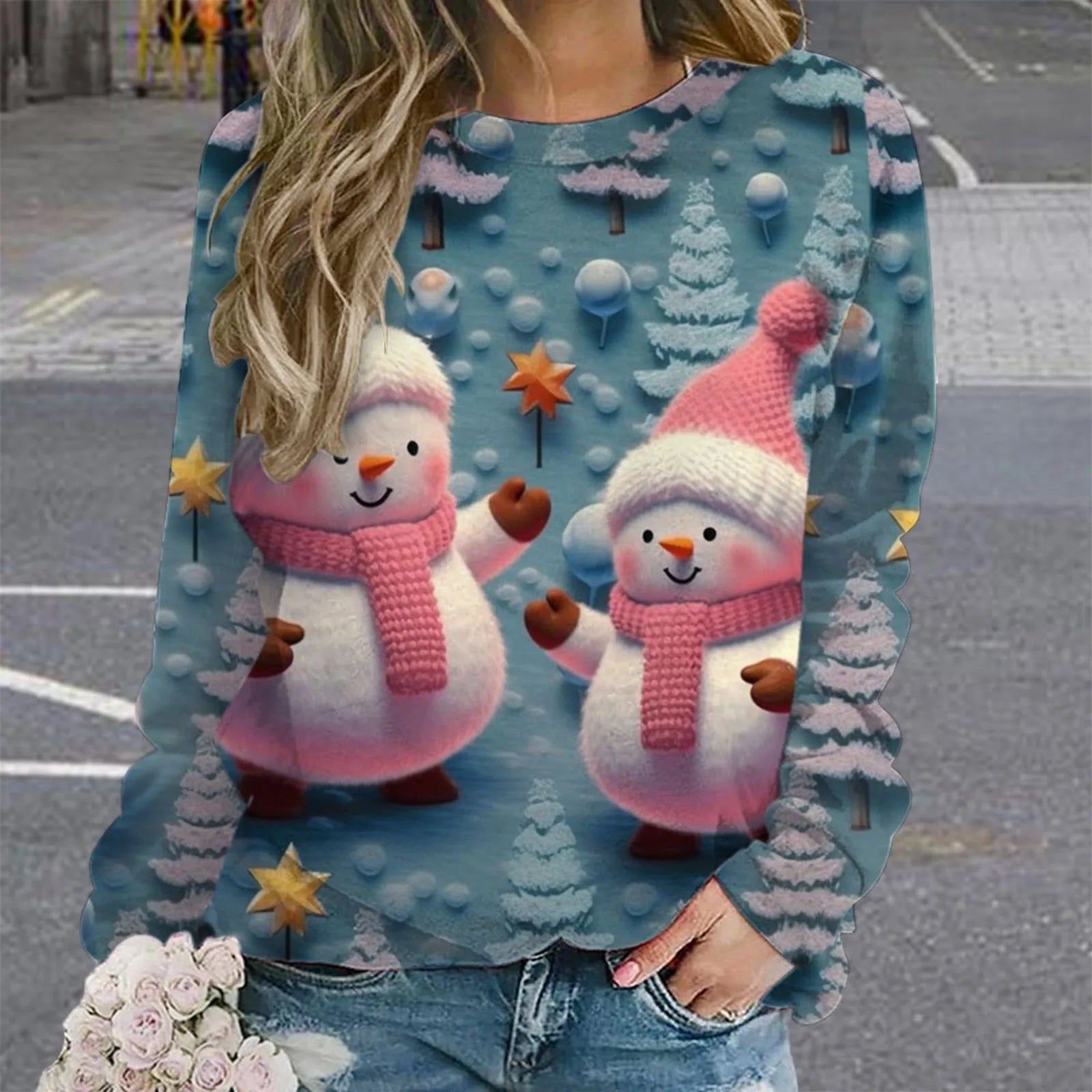 Christmas Women Cute Santa Claus Print Sweatshirts Snowman