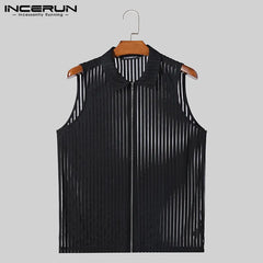 Men Tank Tops Striped Mesh Lapel Sleeveless Zipper Male Vests Transparent Streetwear INCERUN