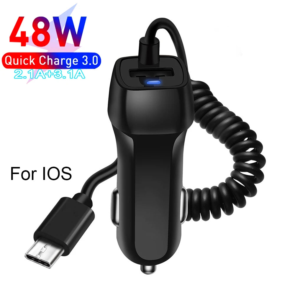 48W USB Fast Car Charger Stretch Cable Adapter for IPhone13 12 11 14 Pro Max Samsung Galaxy Note20 Android Type-c car Charger