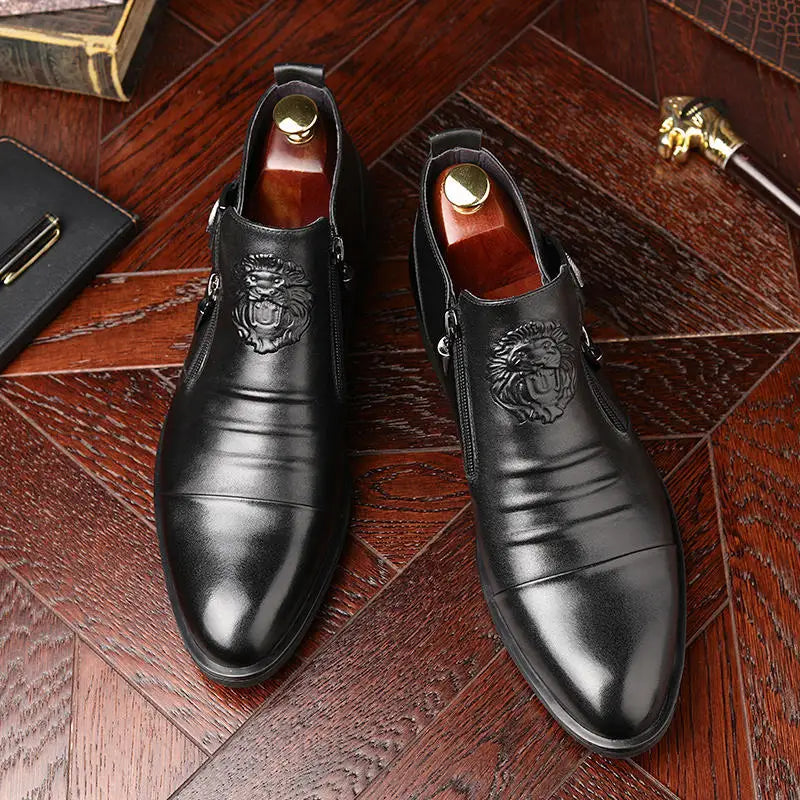 Men Ankle Boots Embossed Side Zipper Raised Horseshoe Heels Men Shoes