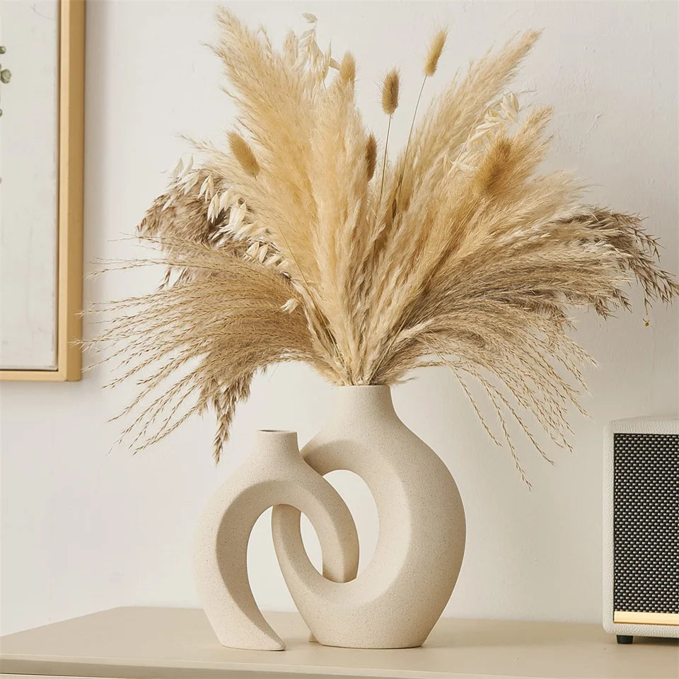 Natural Pampas Grass White Ceramic Vase Set Modern Home Decor