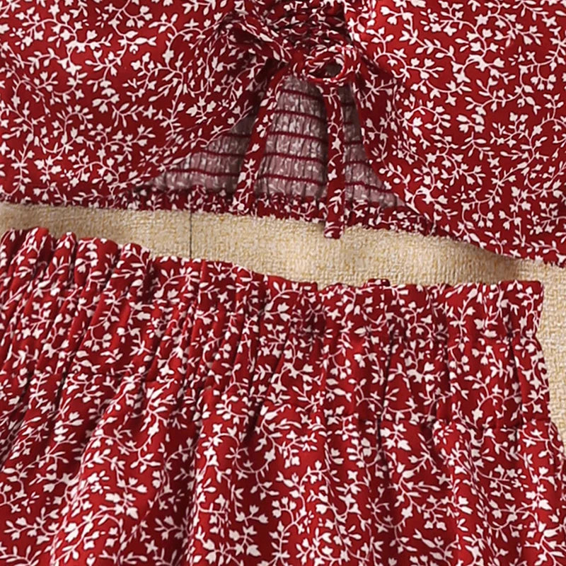 Little Girl Red Floral Halter Top + Red Floral Skirt Korean Style Suits Summer Casual Clothes Sets