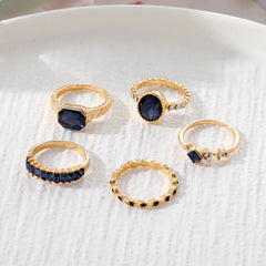 Luxury Retro Blue Crystal Ring 5 Pieces Ring Female Jewelry Party Premium Gift Wholesale