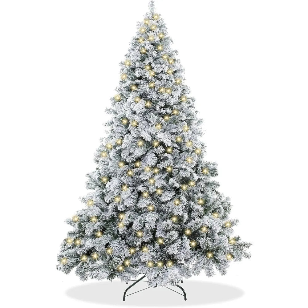 Christmas Tree Pre-Lit Realistic Snow-Flocked Pine Artificial Holiday Christmas Tree with Sturdy Metal Stand