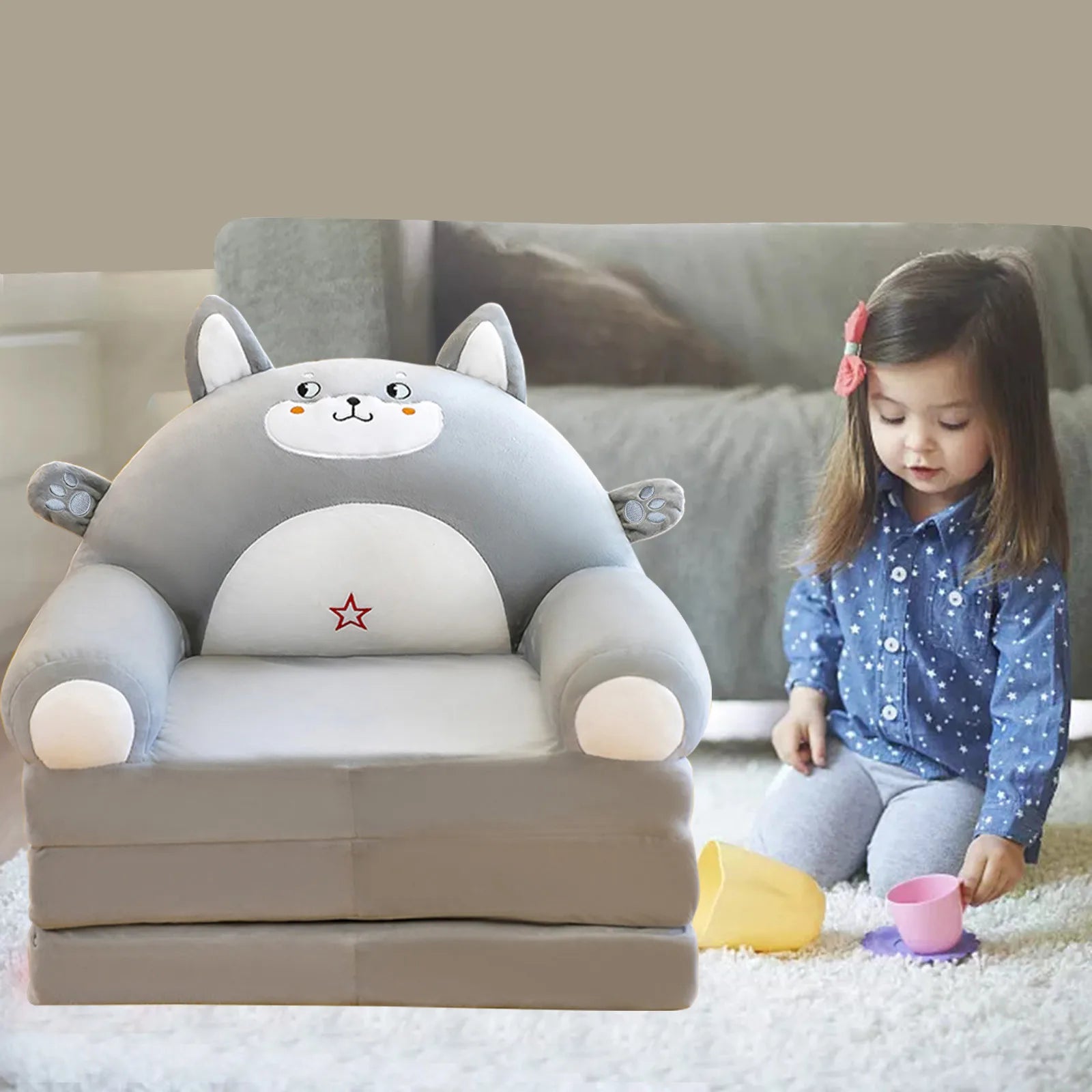 Foldable Kid Sofa Backrest Armchair Cover Plush Cute Cartoon Children Lazy Sofa