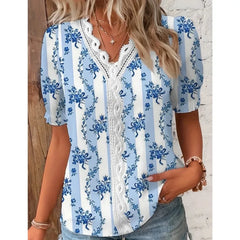 Summer V-neck Lace Patchwork Printed Shirt For Women 2024 Elegant Office Lady Short Sleeve Flower Print Pullover Blouses