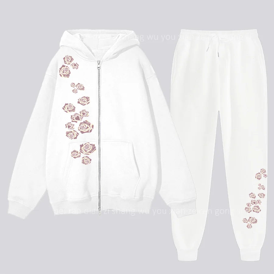 pants Sets Women's Hoodie and pants Two-piece Zipper High Quality Oversize Clothing Aesthetic Rose Graphic PrintFemale Tracksuit