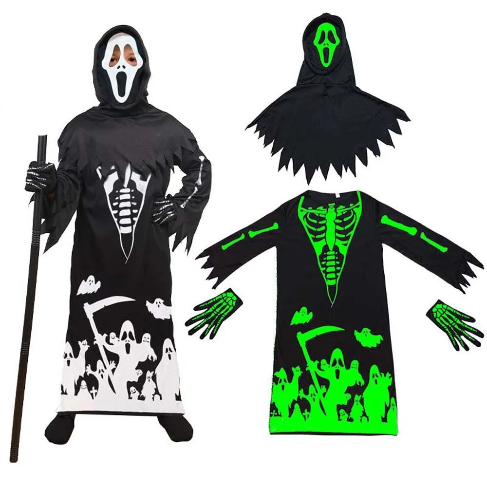 Skeleton Ghost Luminous Halloween Cloak Skull Horror Mask Role Playing Kids Halloween Dress Up Performance Costumes Luminous