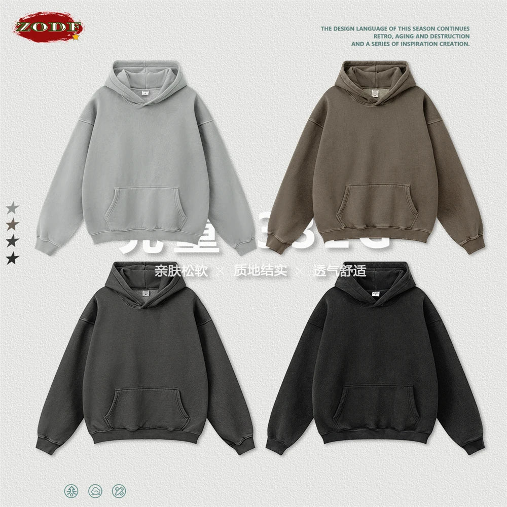 ZODF 2024 Winter Men's Washed Fleece Hoodies Unisex Women Retro Loose Warm 332gsm Hooded Pullovers Sweatshirts HY0870