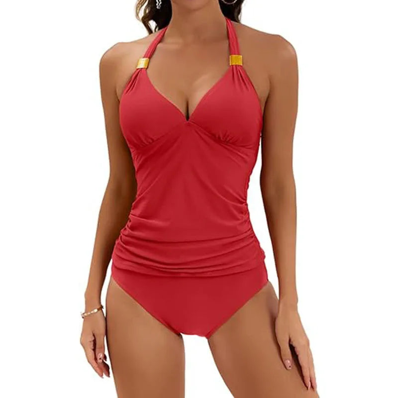 Women's Solid Color Neck Split Strap Two-piece Swimsuit V-neck Swimsuit with Shorts Bikini Sets