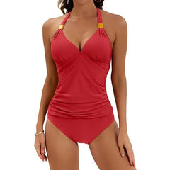 Women's Solid Color Neck Split Strap Two-piece Swimsuit V-neck Swimsuit with Shorts Bikini Sets