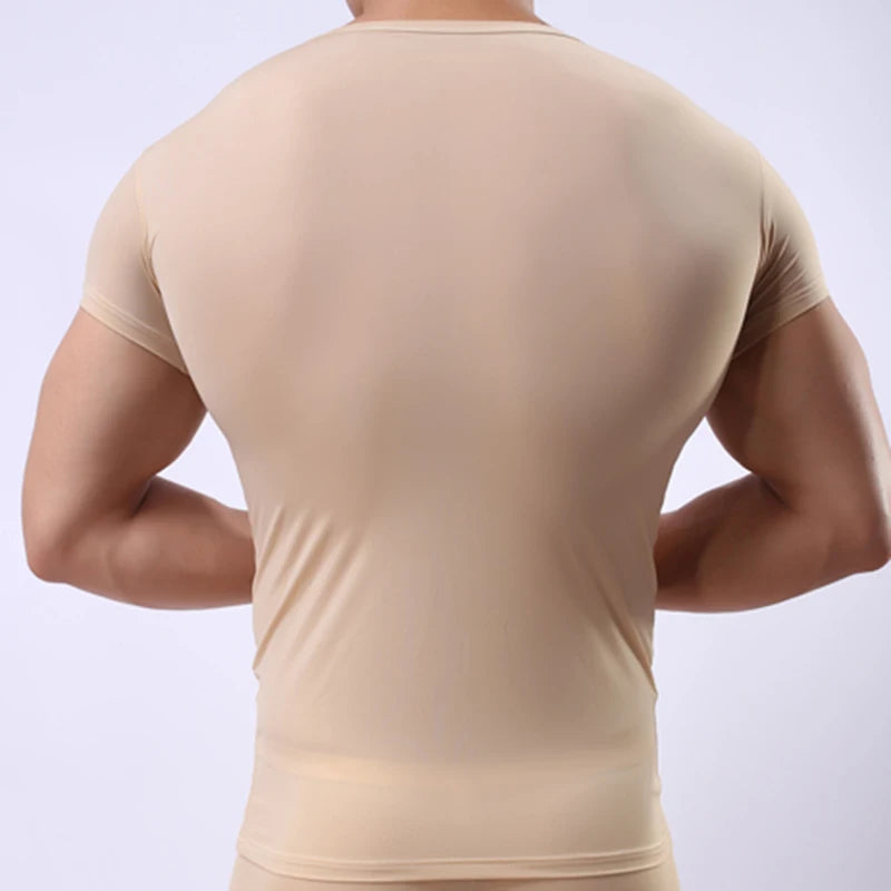 Men's Sheer Undershirts Man Ice Silk Mesh See through Basics Shirts