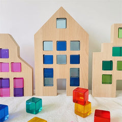 Dutch Wood Houses Lucite Cubes Blocks Rainbow Acrylic Building Blocks