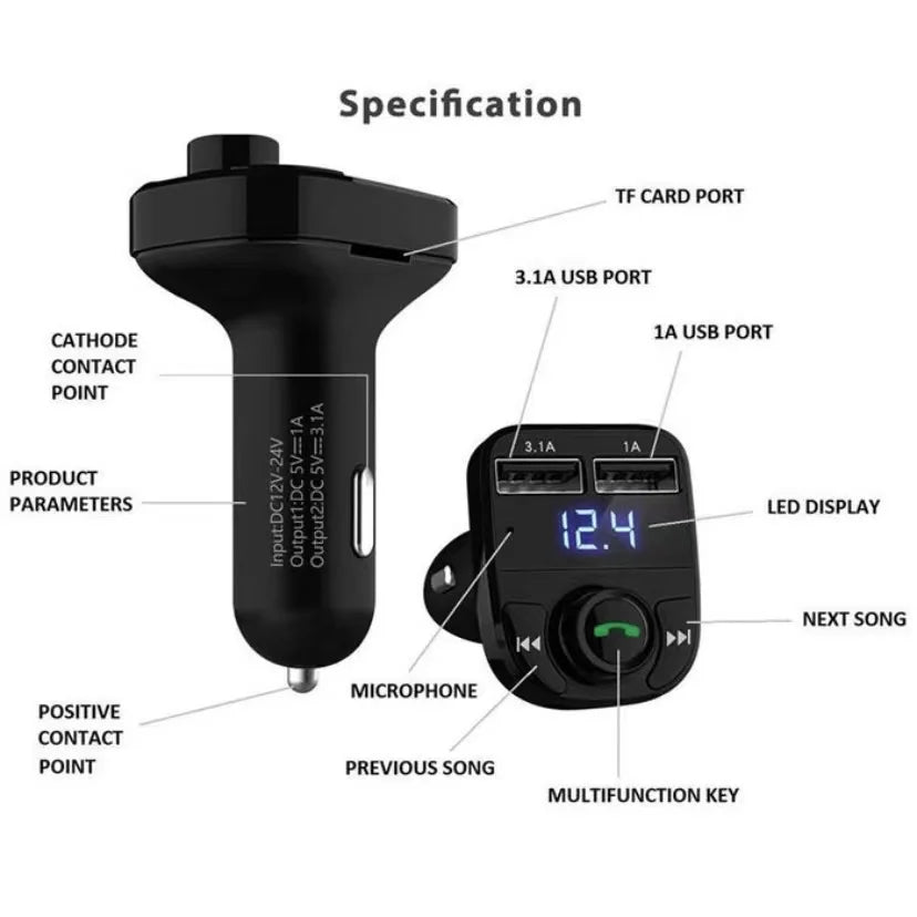 Lanmay Dual Input Charger Usb P/ Car Mp3 and Fm Transmitter Bluetooth Wireless