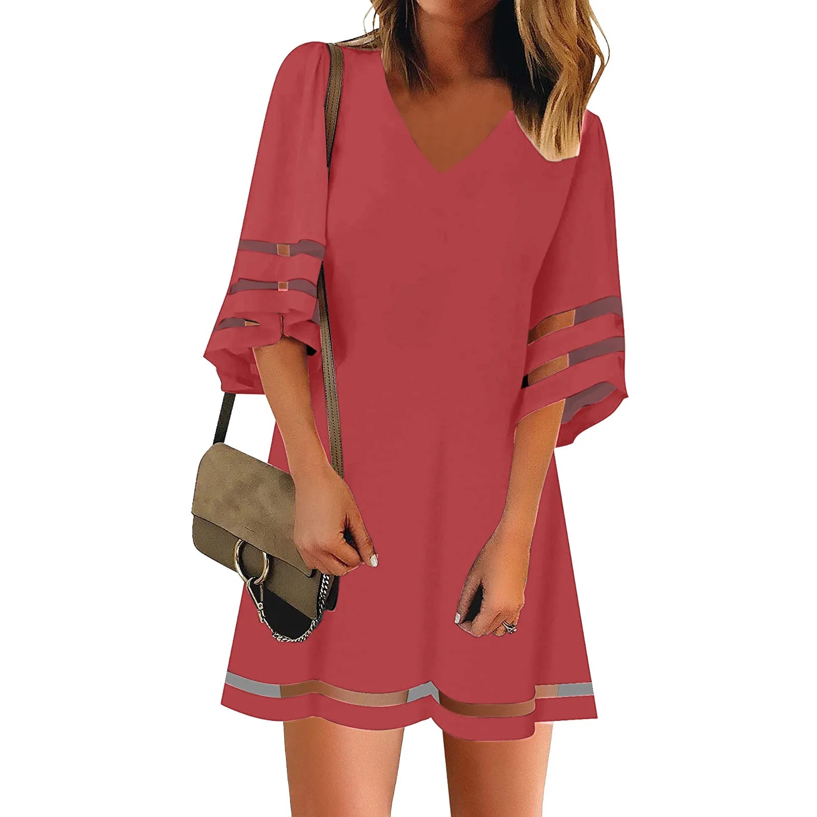 Women's Summer Mini Dress V-neck Three Quarter Sleeve Casual Loose Beach Dresses