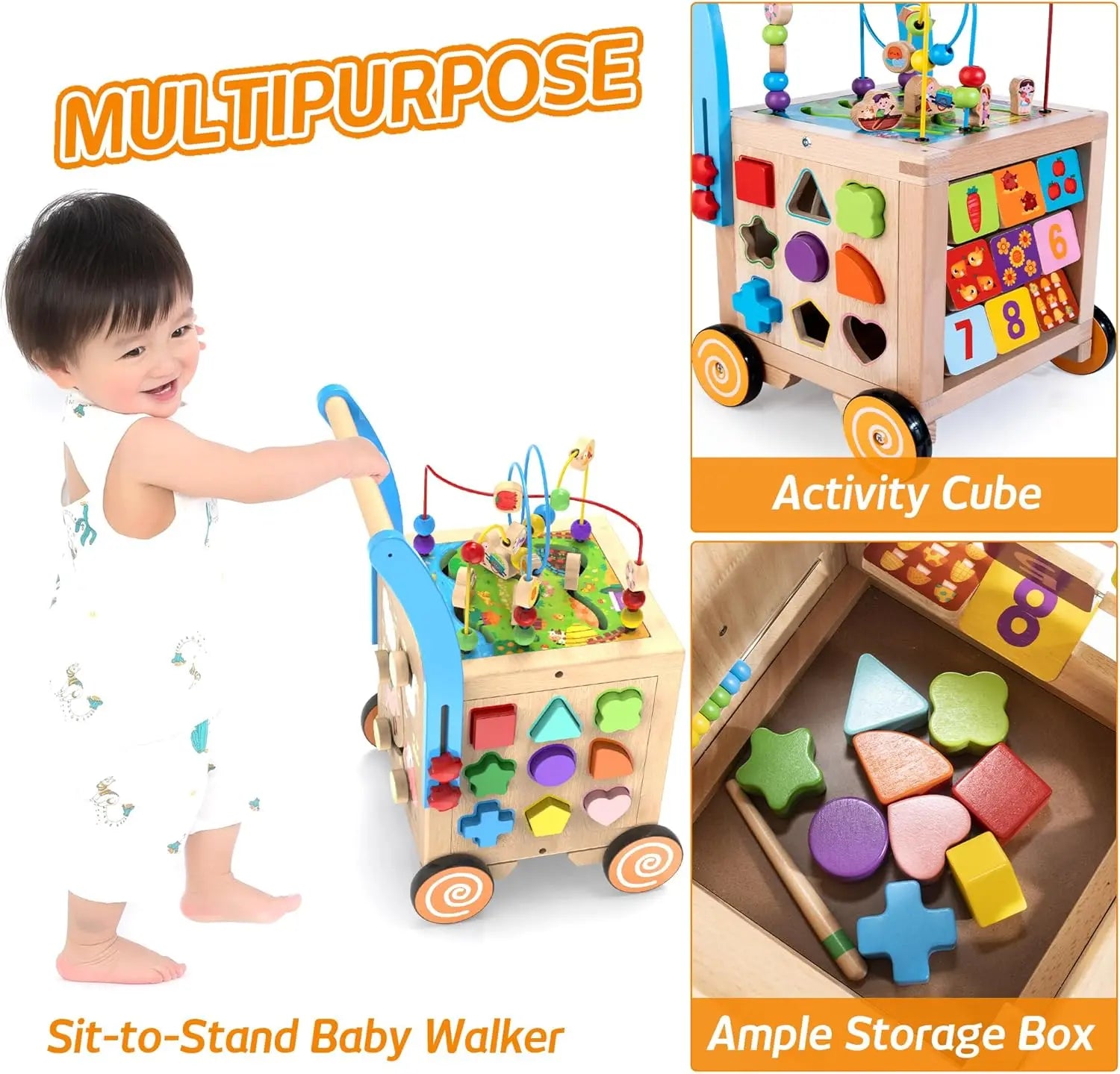 Wooden Baby Walker, Sit-to-Stand Learning Walker Activity Center, Early Educational Push Pull Toys