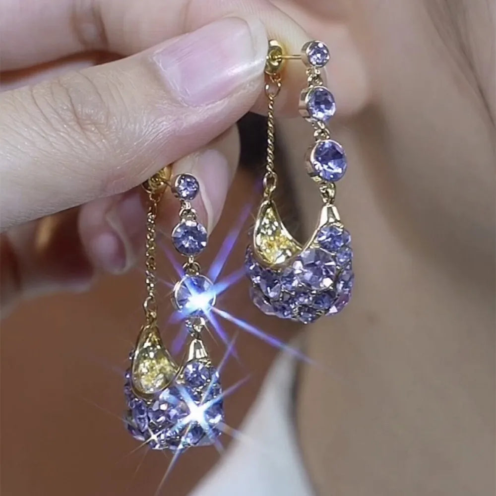 New Design Purple Crystal Long Tassel Earrings for Women