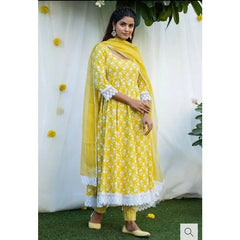 Full Seam Artificial Silk Printed Anarkali Yellow Kurti Pants and Dupatta Salwar Dress